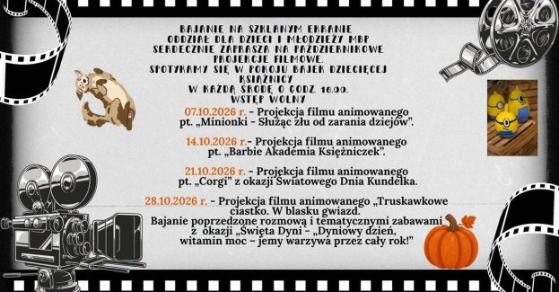 Oddział dla Dzieci i Młodzieży MBP w Tomaszowie Mazowieckim zaprasza na październikowe projekcje filmowe. Seanse odbędą się w każdą środę o godz. 16 w Pokoju Bajek Dziecięcej.